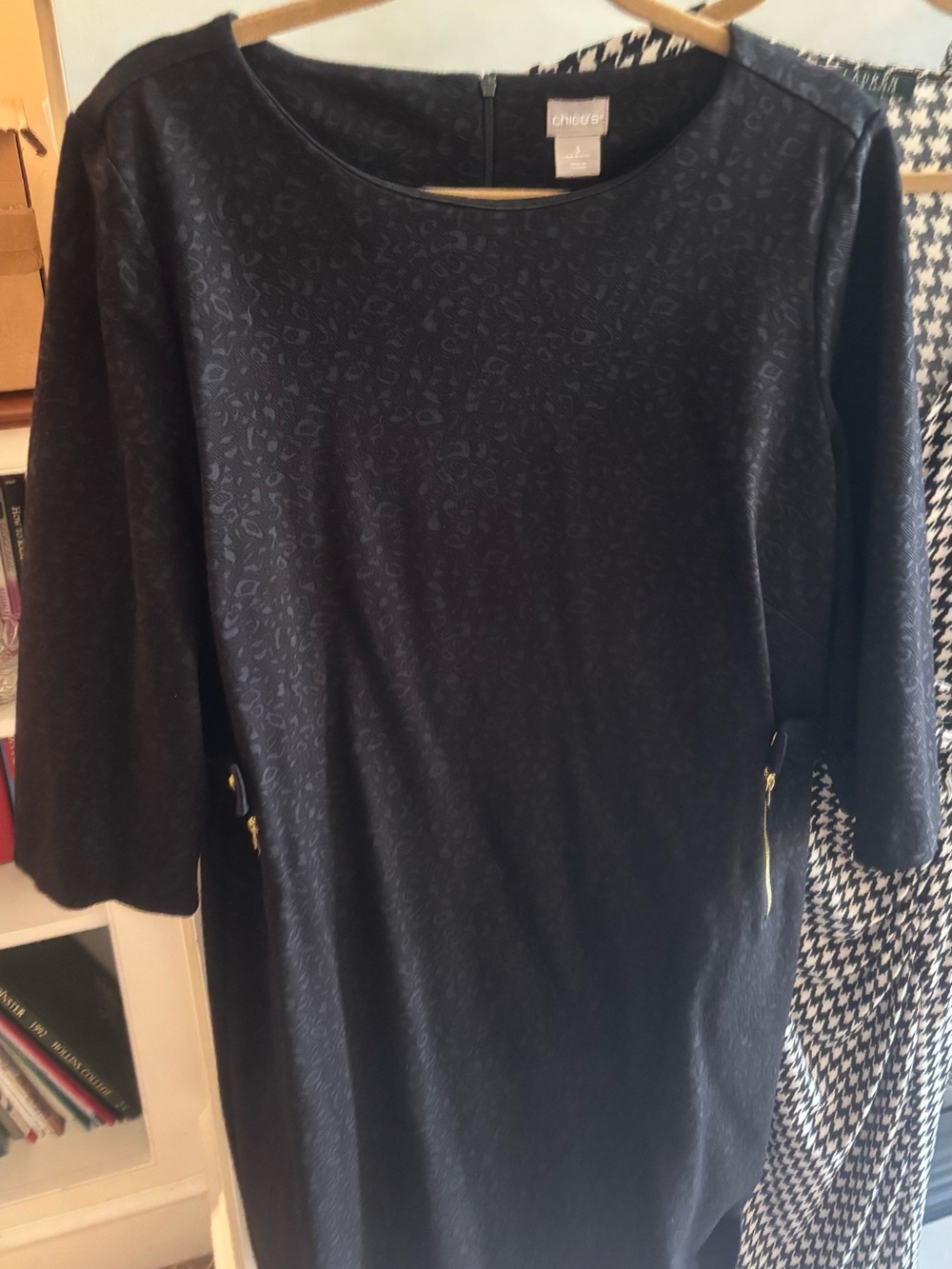 Black print Shift Dress with Gold Zippers